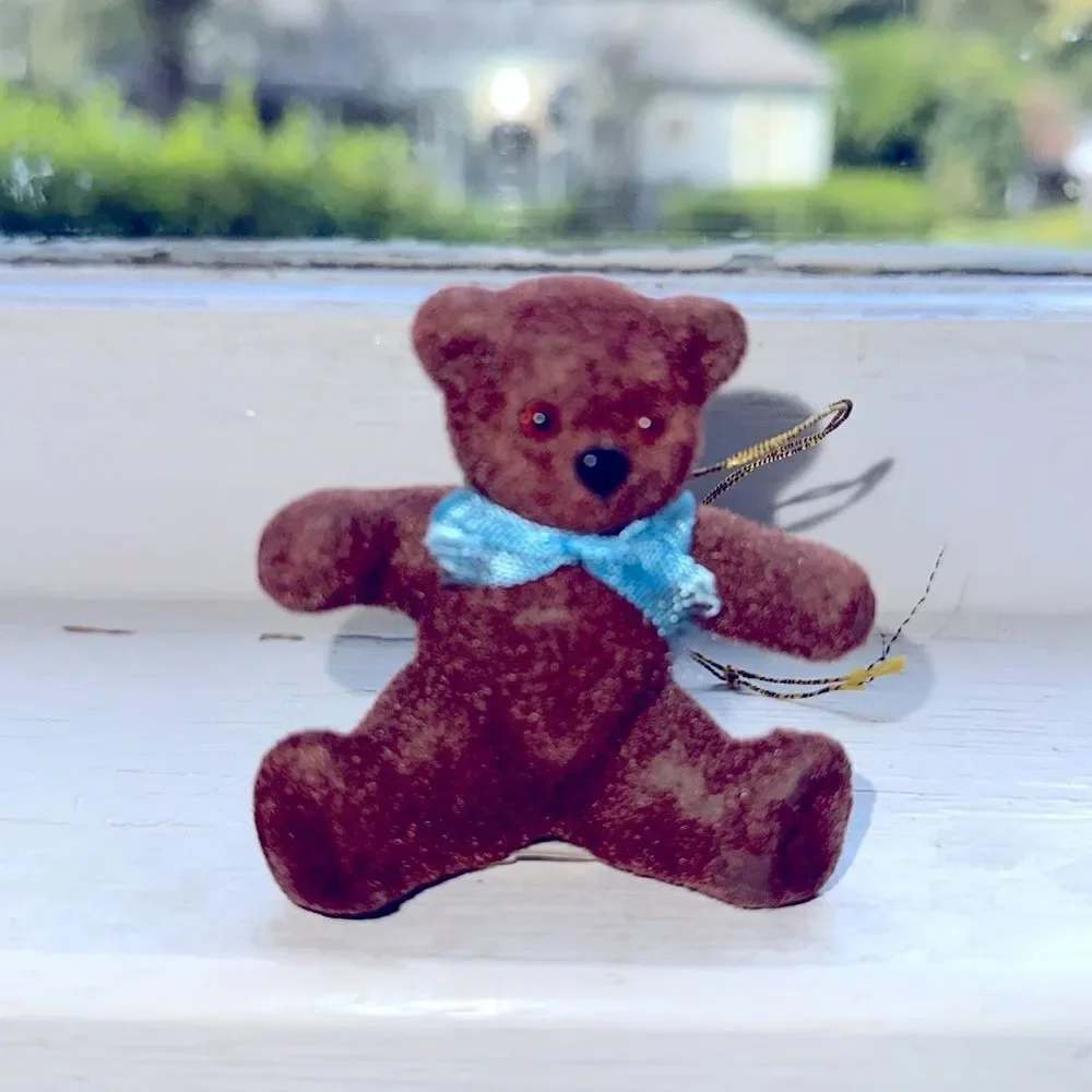 Vintage EH brand flocked‎ brown bear Christmas tree ornament